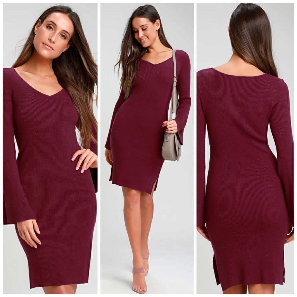 Lulus Jourdaine Berry Red Bell Sleeve Sweater Dress || SZ XS